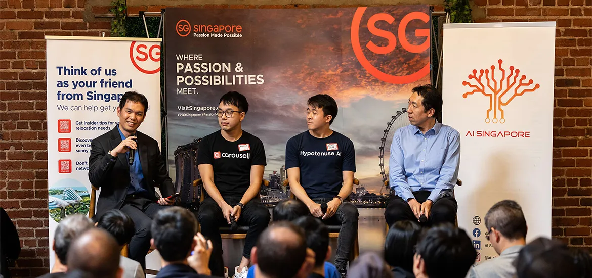 Event speakers on stage (from left) Darius Liu, Head of Strategy, Partnership and Growth, AI Singapore; Marcus Tan, Co-Founder, Carousell; Joshua Wong, Co-Founder and CEO, Hypotenuse AI: and Dr Andrew Ng, General Managing Partner, AI Fund. 