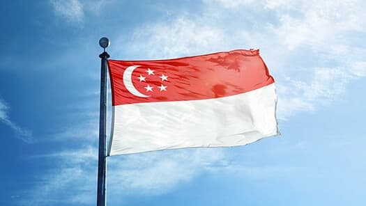 Singapore flag waving against a blue sky.