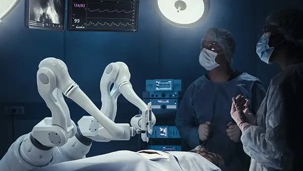 Surgical robot arms performing an operation with medical staff