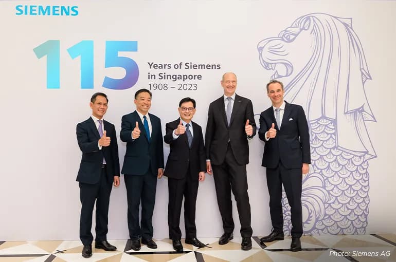 Above: Deputy Prime Minister Heng Swee Keat (fifth from left) at Siemens&rsquo; 115th anniversary celebration event in 2023.