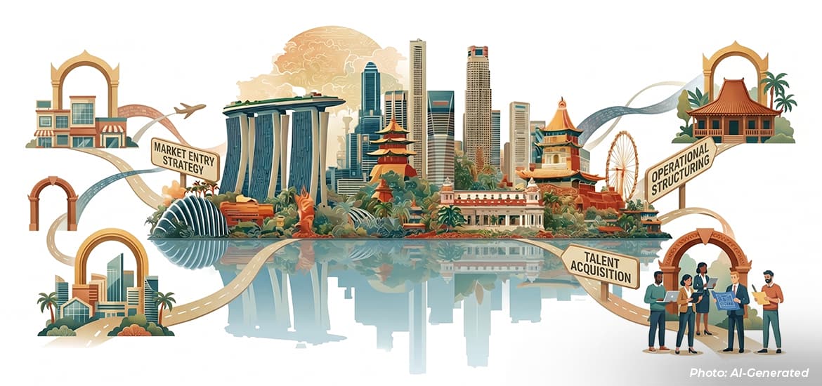 Illustrated cityscape of Singapore with Marina Bay Sands and cultural landmarks, connected by pathways highlighting business themes such as market entry strategy, talent acquisition, and operational structuring.