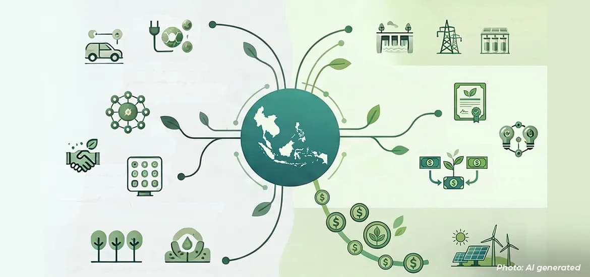 Illustration of sustainability and green economy concepts centered on Southeast Asia, with icons for renewable energy, finance, and environmental initiatives.
