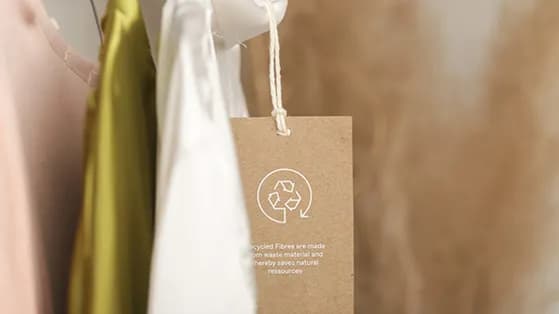 Clothing tag with recycling symbol on hanging garments