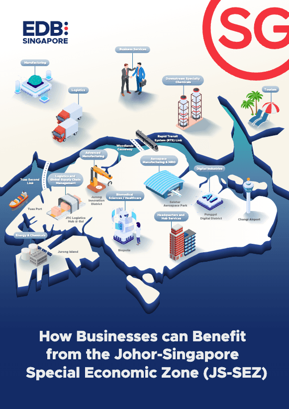 Cover of 'How Businesses can Benefit from the Johor-Singapore Special Economic Zone (JS-SEZ)' guide, featuring an illustrated map connecting Johor and Singapore with icons of industries and infrastructure.