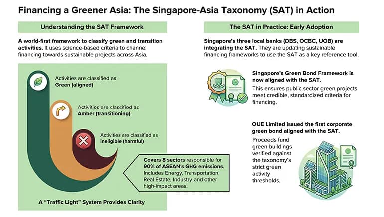 Infographic explaining the Singapore-Asia Taxonomy (SAT), showing green, amber, and ineligible activity classifications and examples of sustainable finance adoption.