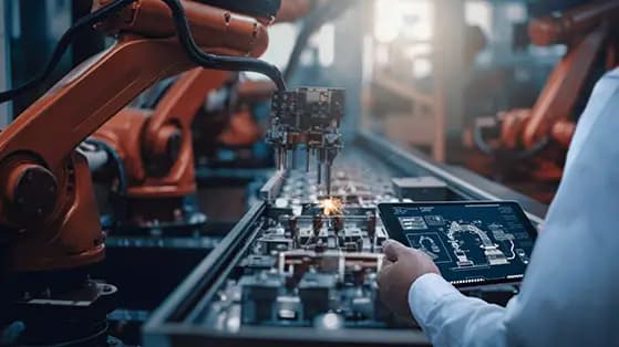 Worker using a tablet to monitor robotic welding arms
