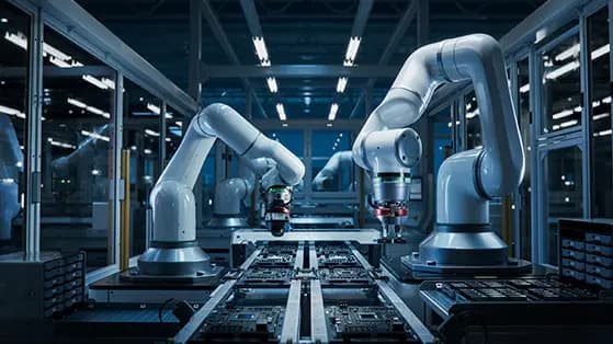 Robotic arms assembling circuit boards on a factory line