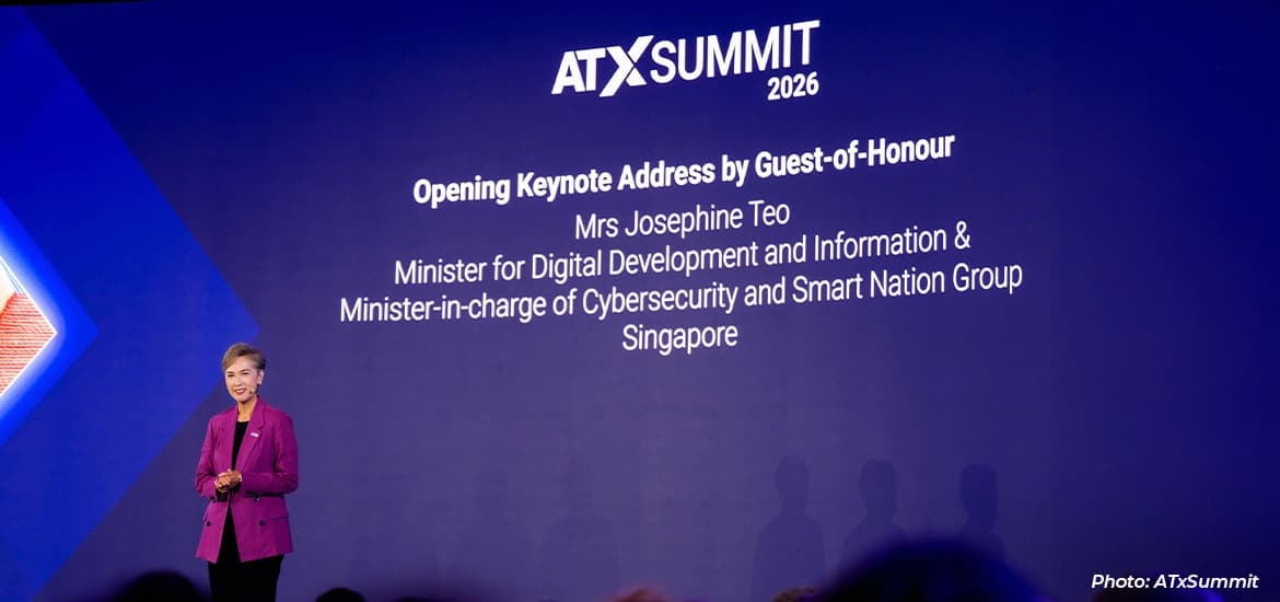 Mrs Josephine Teo delivering the opening keynote address at ATxSummit 2026.