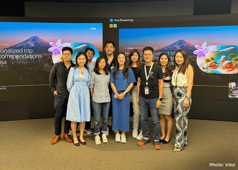 Meet Team Visa (Back row, from left) Zhuang Yufeng (Tech and Engineering), Ajeya Mantri (Tech and Engineering), Kendrick Tan (Innovation). (Front row, from left) Zhao Yazhi (Data), Melissa Kwee (Design), and Sonia Yap (Innovation).