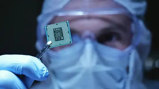 Cleanroom worker holding a microchip with tweezers