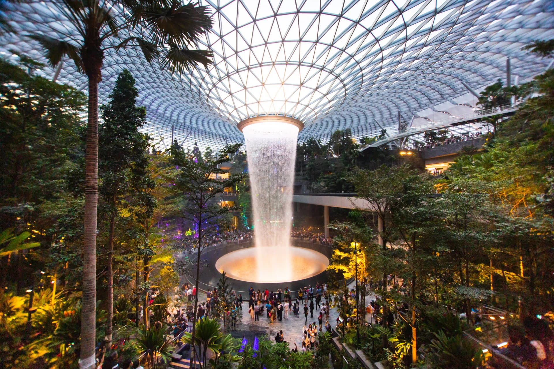 Rain Vortex waterfall inside Jewel Changi Airport's dome