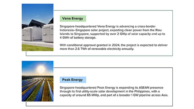 Infographic highlighting renewable energy projects by Vena Energy and Peak Energy, including solar capacity, battery storage, and regional expansion in Asia.