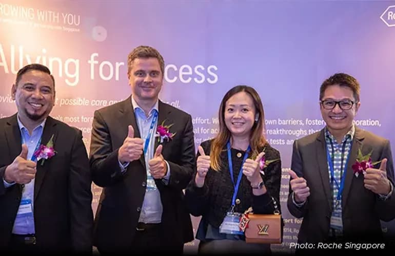 Above, from left: Roche Singapore&rsquo;s Patient Journey Partner in Women&rsquo;s Health, &nbsp;Paulo Caoile; Roche Group&rsquo;s CEO, Dr Thomas Schinecker; Jaga-Me&rsquo;s CEO, &nbsp;Sapphire Tham; and Jaga-Me&rsquo;s Commercial Lead, Morris Lee.