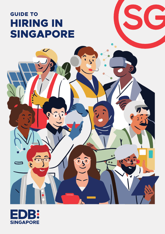 Cover of 'Guide to Hiring in Singapore', featuring an illustration of a diverse group of professionals.