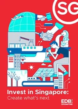 Cover of 'Invest in Singapore: Create what's next' guide, featuring an illustration of city buildings, a globe, and people collaborating on a red background.