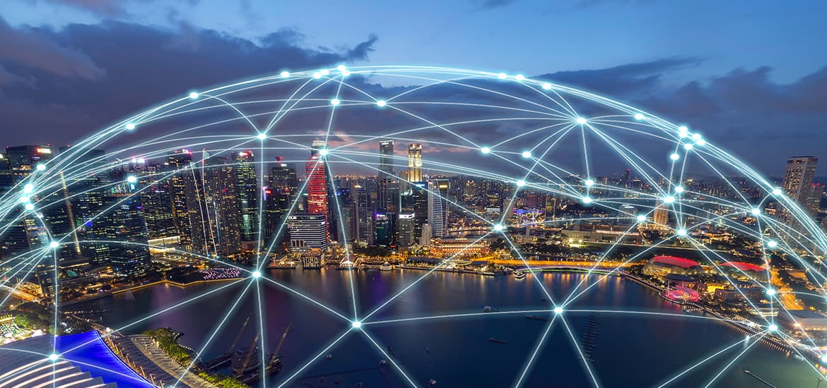 Singapore's Marina Bay skyline at dusk with a digital network overlay, illustrating global connectivity, smart city infrastructure, and digital communications.
