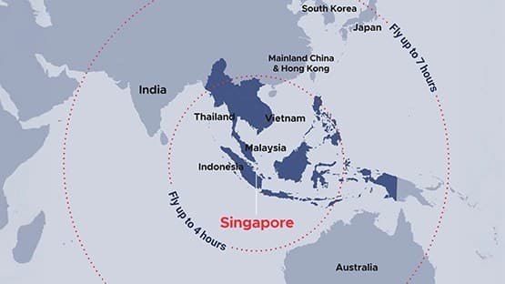 Map showing Singapore's flight radius across Asia-Pacific.