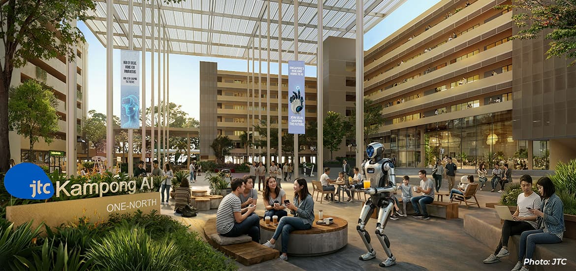 Artist’s impression of JTC’s Kampong AI at one-north, featuring people gathered in an open community plaza alongside a humanoid robot in a modern innovation district.