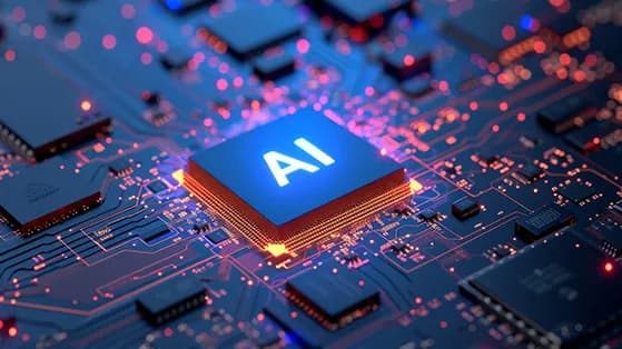 Glowing AI chip on a circuit board with red and blue lights