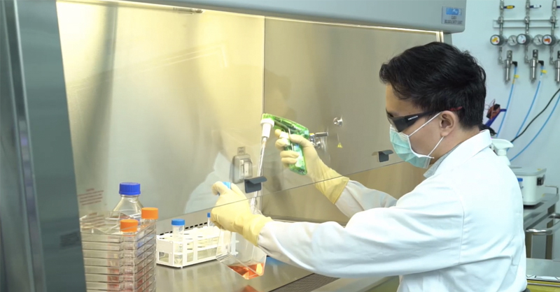 A Hilleman Laboratories scientist performing cell propagation using the Cell Factory system.