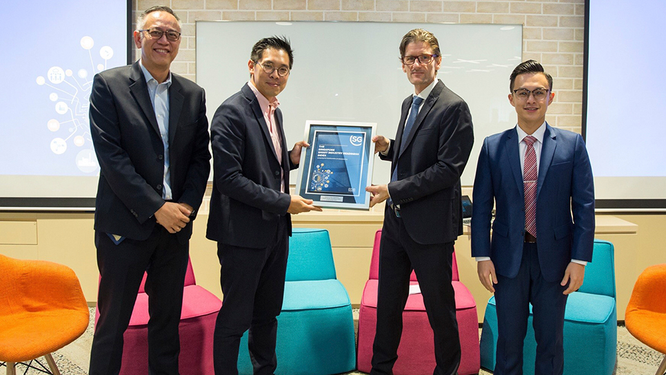 (From left) Mr Lim Kok Kiang, Assistant Managing Director, EDB; Mr Chng Kai Fong, Managing Director, EDB; Dr Andreas Hauser, Director of Digital Services, TÜV SÜD; Mr Jackie Tan, Senior Consultant, TÜV SÜD at the launch of the Index in November 2017