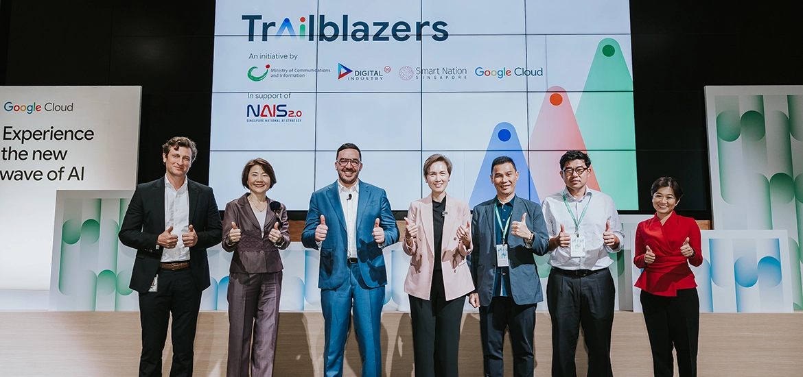 [from left to right] Ben King, Managing Director, Google Singapore; Serene Sia, Country Director, Singapore, Google Cloud; Mark Micallef, Managing Director, Southeast Asia, Google Cloud; Josephine Teo, Minister for Communications and Information; Joseph Leong, Permanent Secretary, Smart Nation Group; Gabriel Lim, Permanent Secretary, Ministry of Trade and Industry; and Jacqueline Poh, Managing Director, Singapore Economic Development Board.