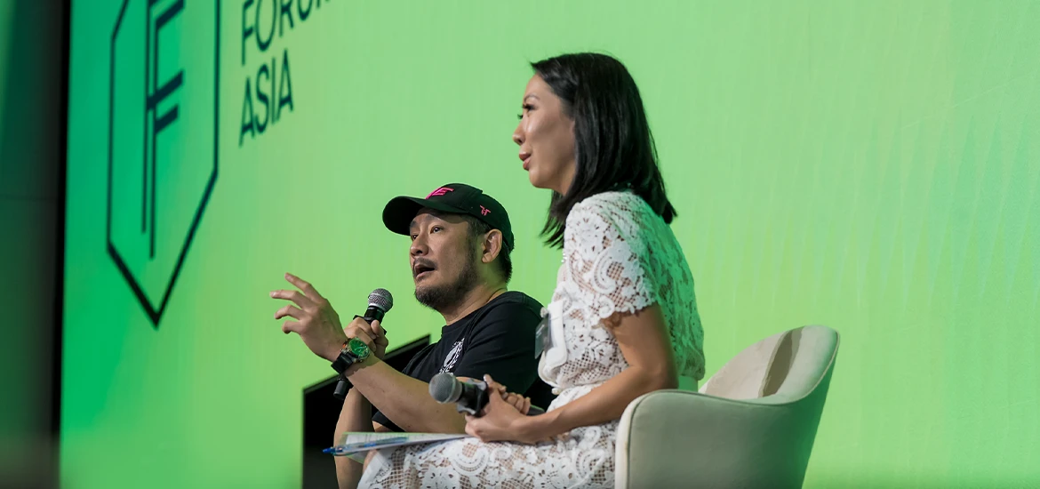 Chatri Sityodtong (ONE Championship) and Kheng Lian Ho (Turn Capital) speaking on the main stage at Founders Forum Asia 2025.