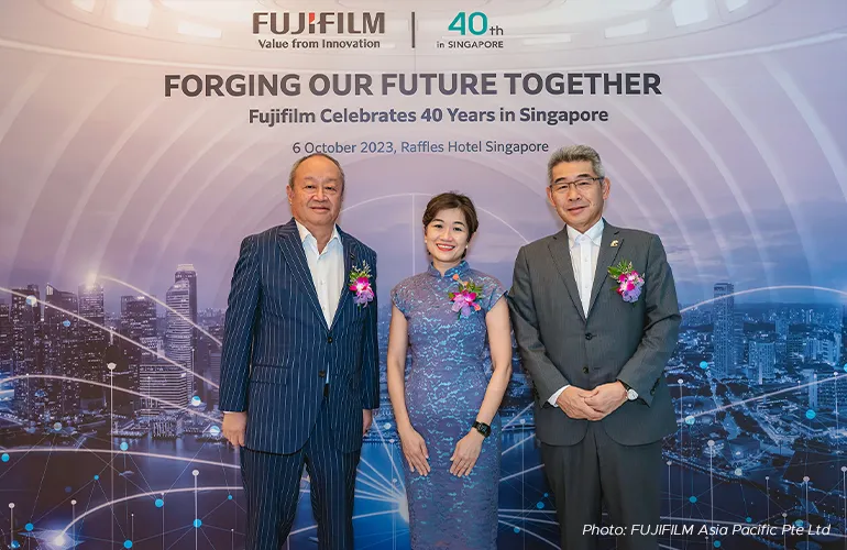 Above, from left: Teiichi Goto, President and CEO, Representative Director of FUJIFILM Holdings Corporation; Jacqueline Poh, Managing Director, EDB; and H.E. Hiroshi Ishikawa, Ambassador of Japan to Singapore. Photo: FUJIFILM Asia Pacific Pte Ltd
