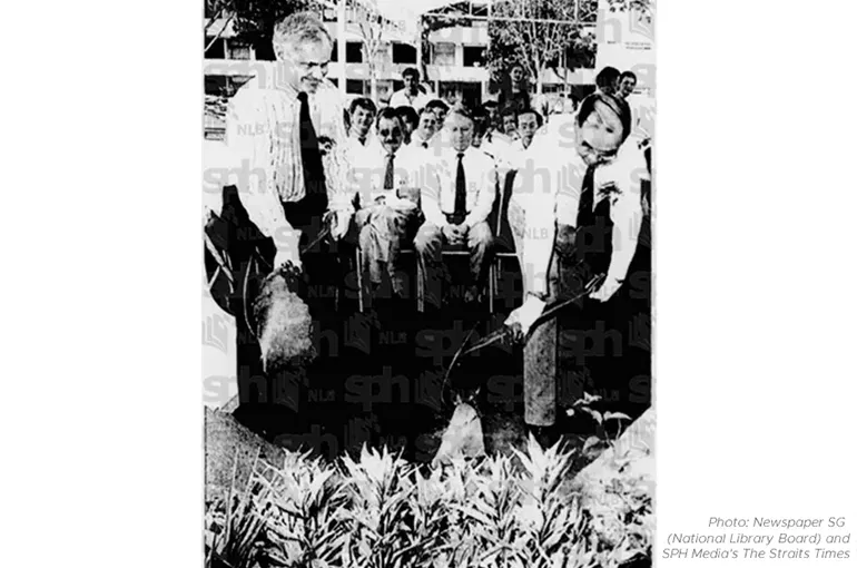 Above, standing in foreground, from left: Siemens Components’ Managing Director, Mr Jakob Heigl; and Jurong Town Corporation’s former General Manager, Mr Francis Mak. This photo was taken at the groundbreaking ceremony of Siemens’ S$30 million Kallang plant in April 1991. At the time, the plant was expected to produce about 80 per cent of the German company’s global Integrated Circuit Chip output when construction is completed. 