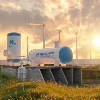 Hydrogen storage tanks labeled “H₂ Zero Emission” beside wind turbines and solar panels at sunset, representing clean renewable energy.