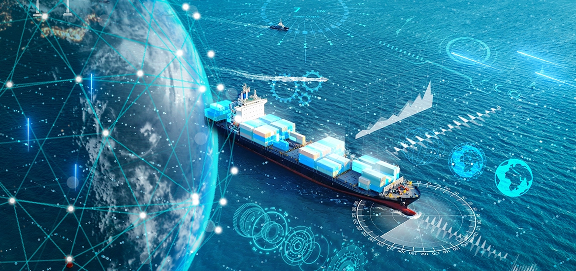 Cargo ship transporting containers at sea with digital graphics overlay representing global trade and logistics technology.