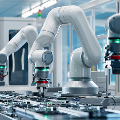 Automated robotic arms operate along a production line in a modern advanced manufacturing facility, handling electronic components with precision. The clean industrial environment highlights the use of robotics, automation, and smart manufacturing technologies.