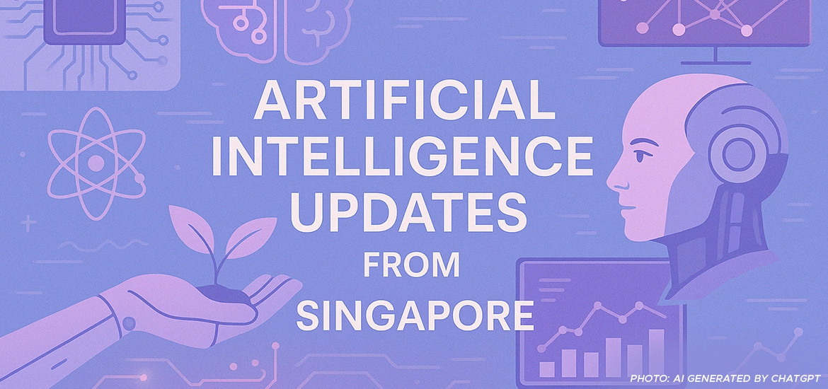 Illustration with purple and violet tones showing futuristic icons related to artificial intelligence. The center text reads: “ARTIFICIAL INTELLIGENCE UPDATES FROM SINGAPORE.” Surrounding visuals include a robotic hand holding a plant, a humanoid AI head, circuit boards, atomic and neural symbols, and various data charts. 