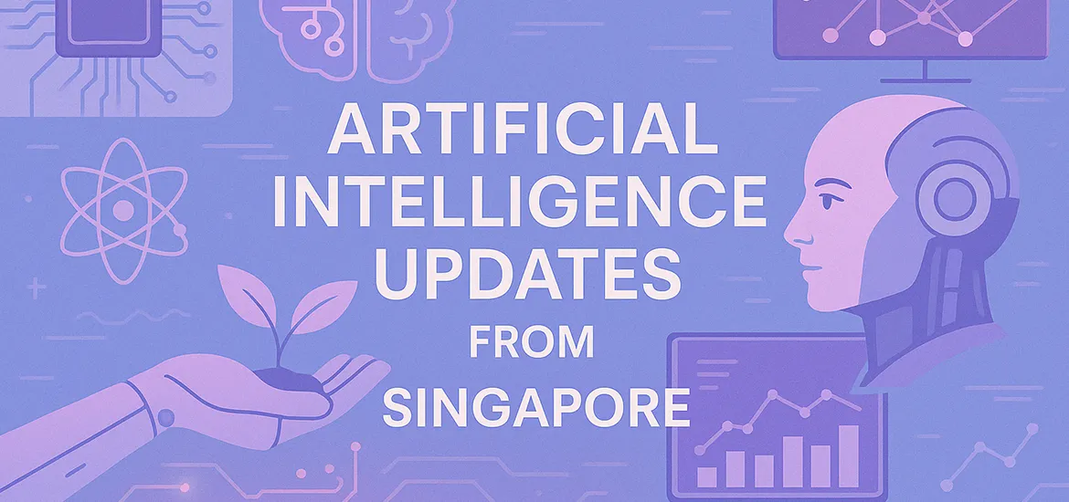 Illustration featuring AI-related graphics with a robot head, data charts, and circuit icons surrounding the text “Artificial Intelligence Updates from Singapore” on a purple background.