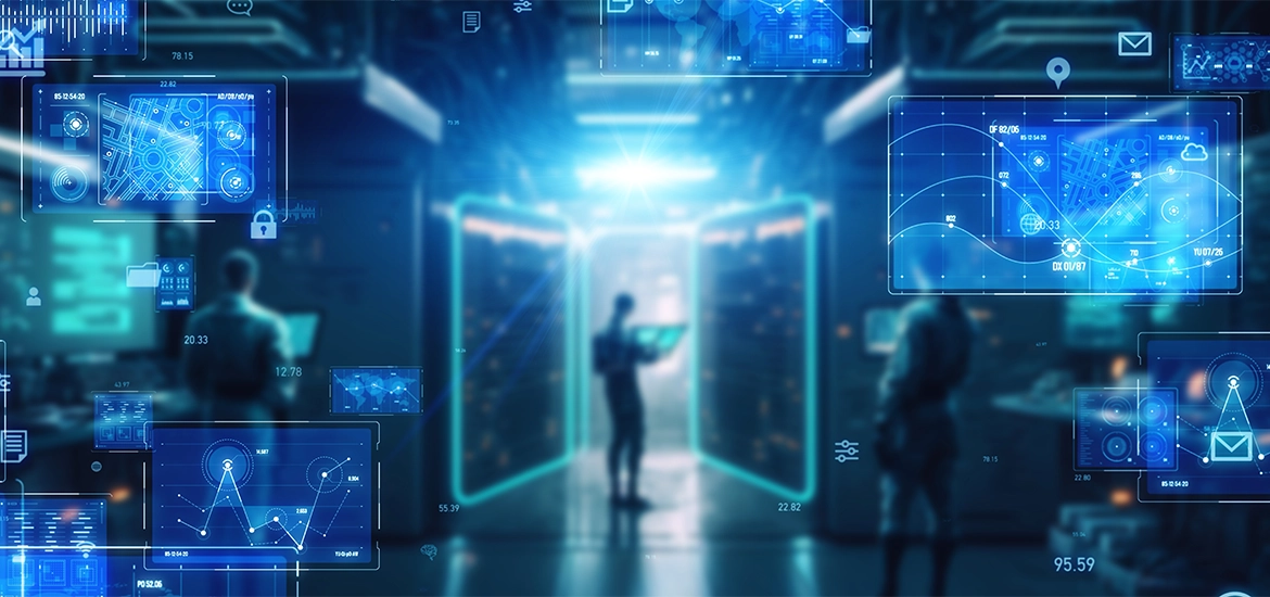 People working in a futuristic data center with holographic screens and digital analytics overlays.