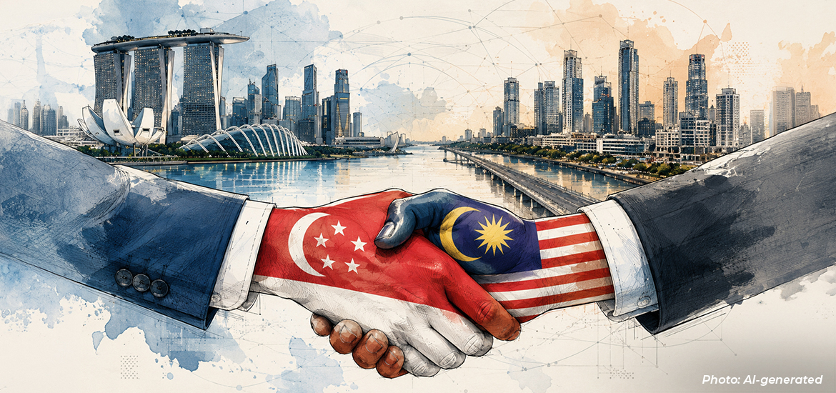 Illustration of a handshake between Singapore and Malaysia, with national flags incorporated into the hands and the Singapore skyline in the background, symbolising cross-border cooperation and economic integration through the Johor-Singapore Special Economic Zone (JS-SEZ).