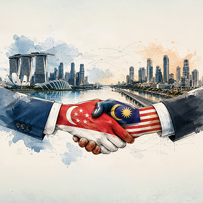 Illustration of a handshake between Singapore and Malaysia, with national flags incorporated into the hands and the Singapore skyline in the background, symbolising cross-border cooperation and economic integration through the Johor-Singapore Special Economic Zone (JS-SEZ).