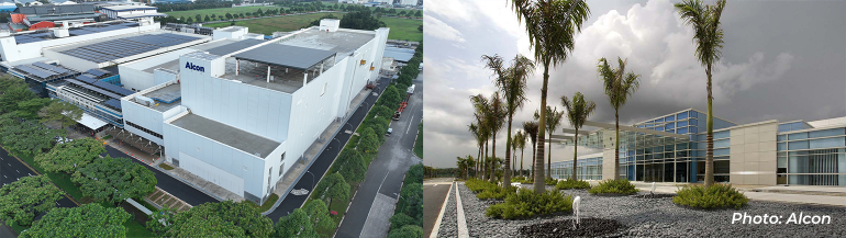 Side-by-side views of Alcon facilities in Singapore, featuring a large manufacturing site and a modern office campus surrounded by landscaped greenery and palm trees.