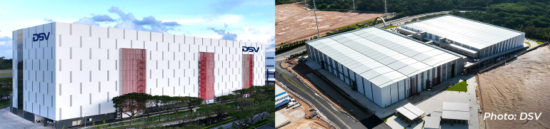 Side-by-side aerial views of DSV logistics facilities in Singapore, showcasing large-scale warehousing and distribution infrastructure designed to support regional supply chain operations.