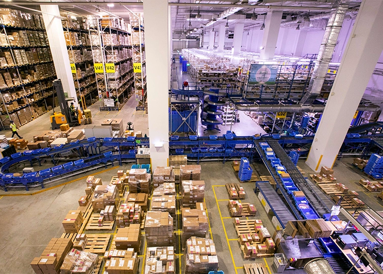 Large warehouse with conveyor systems, stacked shelves, and packages organized for distribution.