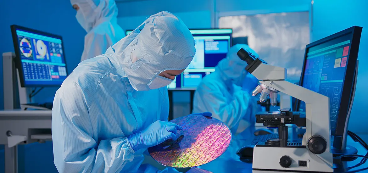 Technician in cleanroom suit inspecting a semiconductor wafer beside a microscope and computer monitors in a lab.