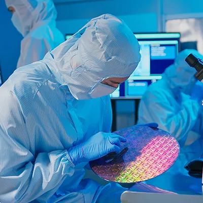 Technician in cleanroom suit inspecting a semiconductor wafer beside a microscope and computer monitors in a lab.
