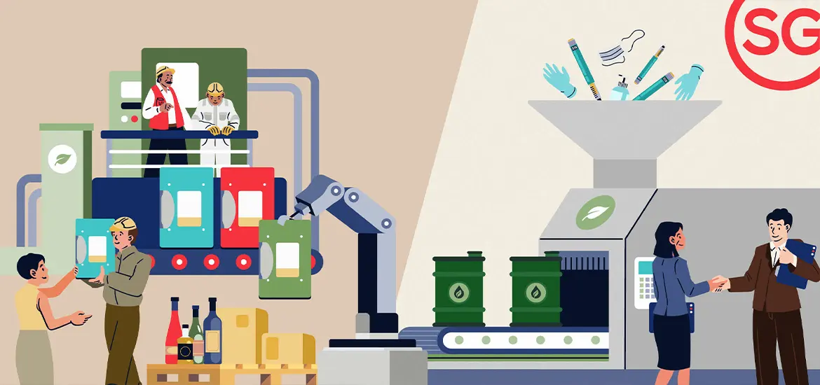 Illustration of a circular economy linking manufacturing, recycling, and sustainable production processes.