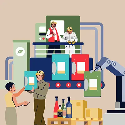 Illustration of a circular economy linking manufacturing, recycling, and sustainable production processes.