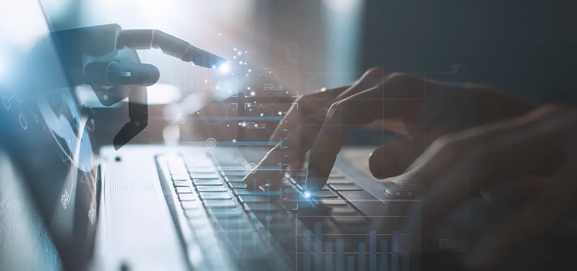 AI Robot reaching out to computerized  technology