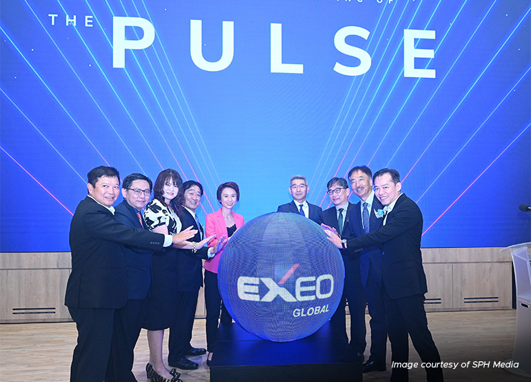 (From left) Ascent Solutions CEO Lim Chee Kean, Execo Global Chief Corporate Development Officer Steven Lwi, Exeo Global Chief Operating Officer Kow Ya, Exeo Global President and CEO Funabashi Tetsuya, Minister of State Low Yen Ling, Japanese Ambassador to Singapore Ishikawa Hiroshi, Exeo Global CEO Imaizumi Fumitoshi, Exeo Global Director Kimura Setsuya and DeClout CEO Vesmond Wong.