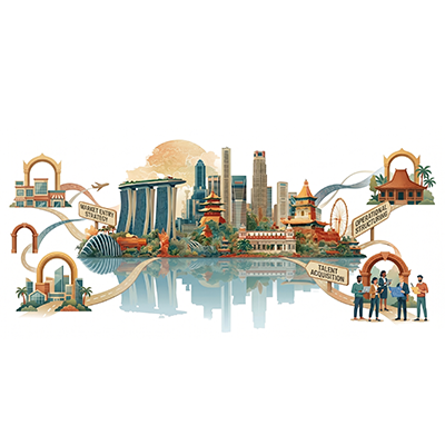 Illustrated cityscape of Singapore with Marina Bay Sands and cultural landmarks, connected by pathways highlighting business themes such as market entry strategy, talent acquisition, and operational structuring.