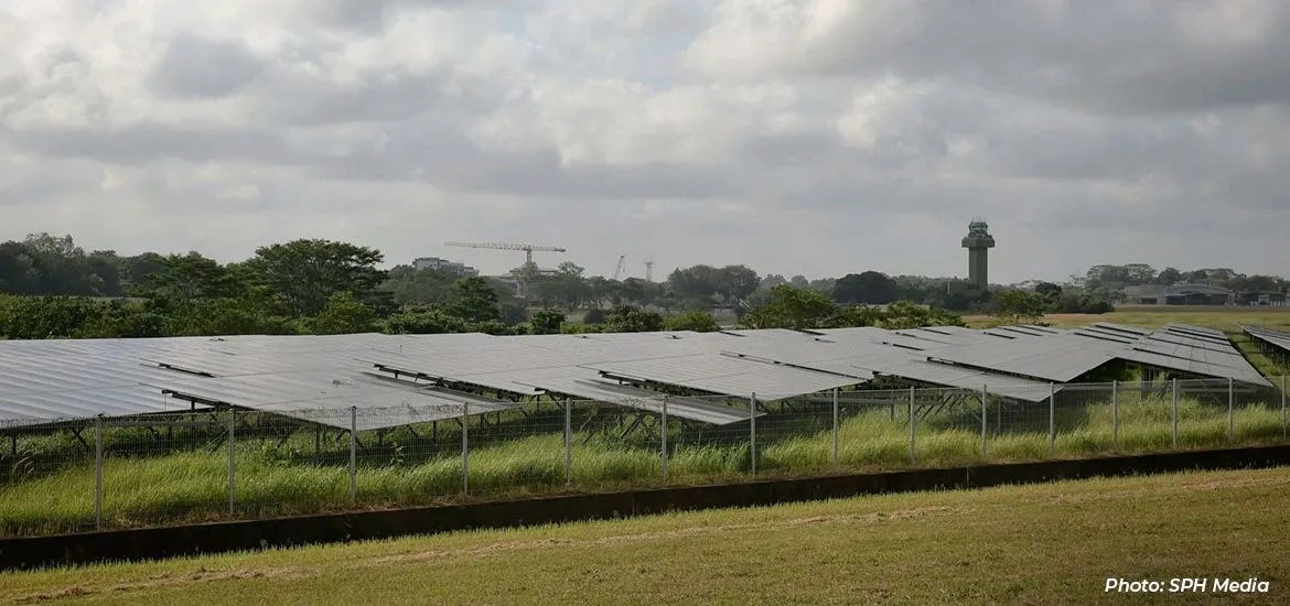 Rows of ground-mounted solar panels in a grassy field, with trees, construction cranes, and a control tower visible in the background under a cloudy sky.