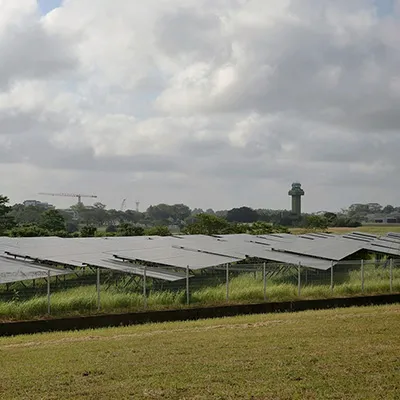 Rows of ground-mounted solar panels in a grassy field, with trees, construction cranes, and a control tower visible in the background under a cloudy sky.