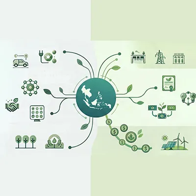 Illustration of sustainability and green economy concepts centered on Southeast Asia, with icons for renewable energy, finance, and environmental initiatives.